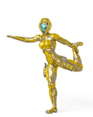 astronaut girl on sci-fi suit is doing stretching