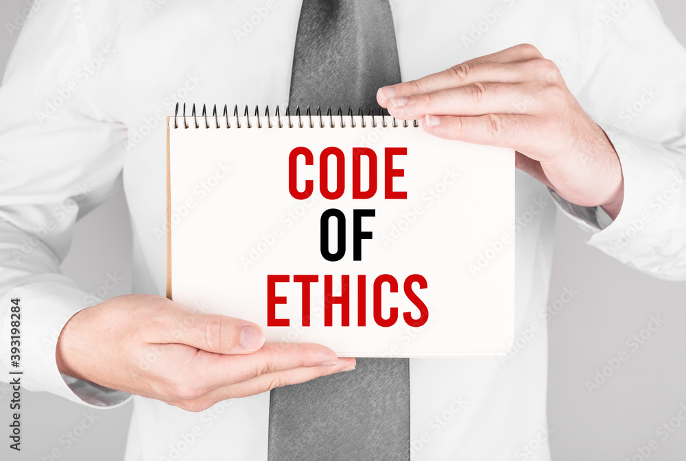 Poster businessman with notebook with text code of ethics