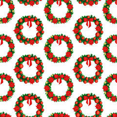 Hand drawn watercolor seamless pattern of Christmas wreath, star, bow, poinsettia, toy. Happy New Year and Christmas illustration for greeting card, invitation, wallpaper, wrapping paper, fabric