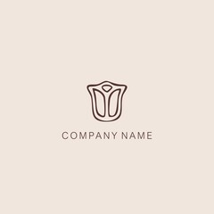 A symbol or logo of a simple, minimalistic, stylized tulip or flower bud shape, composed of several elements. Made with a thin contour line.
