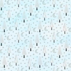 Hand drawn watercolor seamless pattern of cute Christmas tree, star, moon. Happy New Year and Christmas clipart illustration for design card, invitation, wallpaper, wrapping paper, fabric