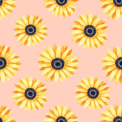 Hand drawn seamless pattern of yellow blooming sunflowers. Bright sunny flowers. Decorative colorful autumn watercolor illustration for design card, invitation, wallpaper, wrapping paper, fabric