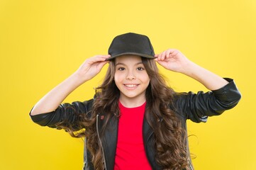 Find your inner hipster. Happy little hipster fix cap yellow background. Fashion look of small child. Wearing casual style. Trendy outfit and accessory. Childrens wear. Cool and stylish