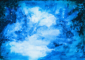 Abstract watercolor hand drawn blue background and texture. Background of splashes, drops and strokes of paint. Decorative design sky and stars for wallpaper, covers, wrapper, fabric and packaging