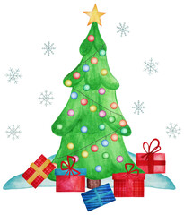 Hand drawn watercolor composition of cute Christmas tree, gifts, star, snowflakes, toys, garlands, snow. Isolated on white background. New Year and Christmas illustration for greeting card, invitation
