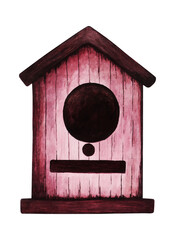 Hand drawn watercolor composition of brown wooden bird feeder. Isolated on white background. Cute bird house illustration for greeting card, invitation