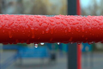frozen raindrops on red pipe close up on blurred background focus in center