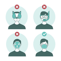please wear a face mask to avoid covid-19 coronavirus. warning or caution sign.illustration in flat cartoon style.