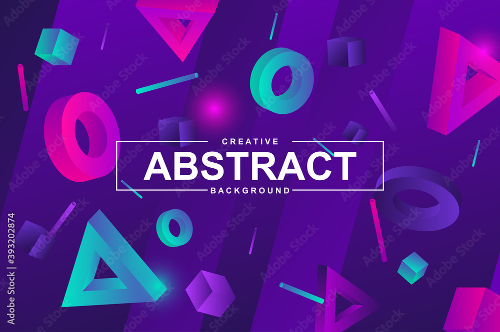 Fototapete neon design with 3d geometric elements in memphis style. colorful creative background for landing pa