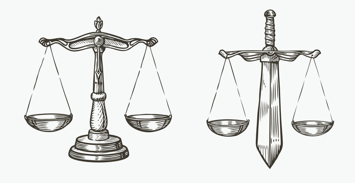 Scales of justice sketch. Jurisdiction, equity symbol vector illustration