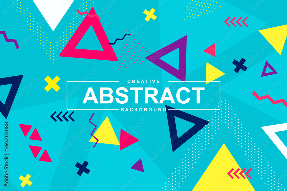 Fototapete Trendy pattern design with geometric shapes in memphis style. Colorful creative background with triangle elements for landing page. Minimal composition, simple ornament with header vector Illustration