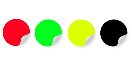 Set of round stickers. Colored paper labels with curved edges for business promotion.
Peel-off sticker.
Red, green, yellow, black.
Vector image