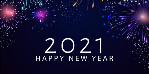 Greeting card Happy New Year 2021. Beautiful Square holiday web banner or billboard with text Happy New Year 2021 on the background of fireworks.