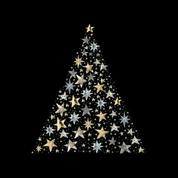 Watercolor Paint Christmas card pine gold Metallic Elegant handmade painting bush