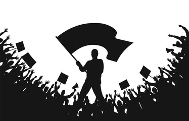 Crowd of people silhouettes. Man with flag and crowd of protesters with raised hands, banners, megaphone. Demonstration, strike and revolution. Political protest and struggle for human rights. Vector - 393206498