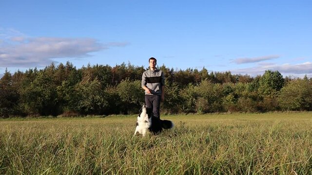 Slow Motion of Border Collie Chasing and Jumping for Blue Ball Thrown by Caucasian Young Man on the Field. Attractive Man in Hoodie Plays Outside with Black and White Dog in Sunny Nature.
