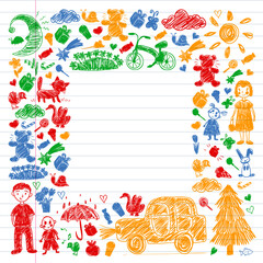 Kindergarten. Kids drawing style. Family. Mother, father, sister, brother. Boys and girls. Vector pattern.