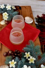 Obraz na płótnie Canvas Seasonal Winter holiday tabletop decor for cozy sipping white wine relaxing at home