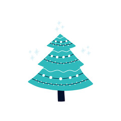 Vector illustration of christmas fir tree decorated with different garlands. Winter holiday card. Hand drawn cartoon style. 