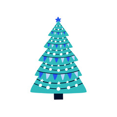 Vector illustration of christmas fir tree with different decorations, garlands and baubles in monochrome blue and white colors. Hand drawn cartoon style. Winter holiday card.	
