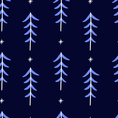 Christmas or fir tree seamless pattern with snowflakes on dark blue background. Vector hand drawn illustration. 