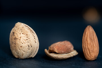 Close-up of three isolated almonds : one in its shell, one with open shell, one without shell. nuts are standing up on a slate table with dark background. Minimalist shot with copy space for text