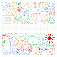 Vector kindergarten pattern with helicopter, house, toys, ship. Boys and girls online education.