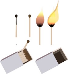 set of matches, isolated on a white background. Matches in different condition, whole and burning