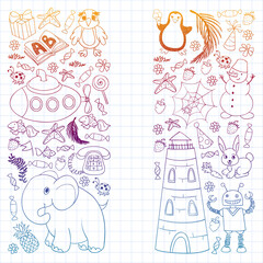 Vector kindergarten pattern with animals and toys. Illustration for little boys and girls.