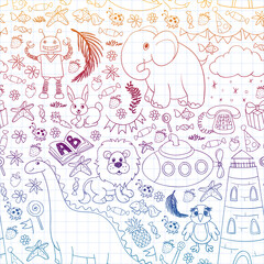 Vector kindergarten pattern with animals and toys. Illustration for little boys and girls.