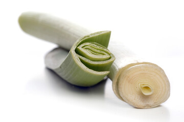 Close-up of leek on white background