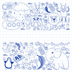 Vector kindergarten pattern with animals and toys. Illustration for little boys and girls.