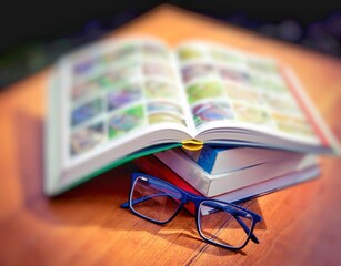 Conjunto de libros de ciencia sobre una mesa y con unos anteojos 