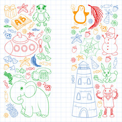 Vector kindergarten pattern with animals and toys. Illustration for little boys and girls.