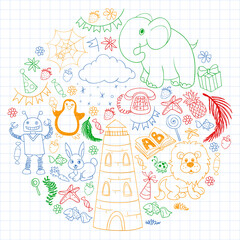 Vector kindergarten pattern with animals and toys. Illustration for little boys and girls.