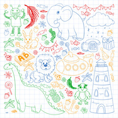 Vector kindergarten pattern with animals and toys. Illustration for little boys and girls.