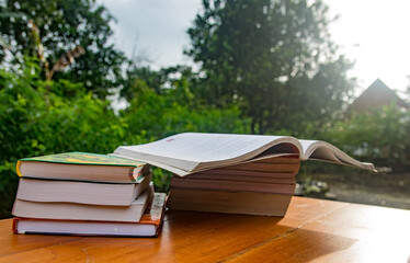Un conjunto de libros de ciencia sobre una mesa al aire libre por las mañanas