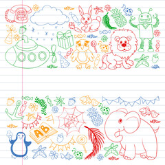 Fototapeta premium Vector kindergarten pattern with animals and toys. Illustration for little boys and girls.