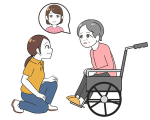 娘を探す高齢女性　車椅子　女性介護士