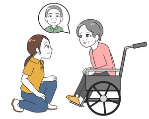 夫を探す高齢女性　車椅子　女性介護士