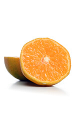 Halved mandarin on white background