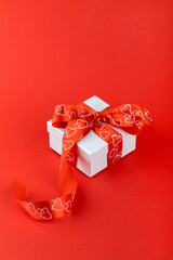 White Gift Box Bow Red Background Valentine's Day Present