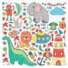 Naklejka premium Vector kindergarten pattern with animals and toys. Illustration for little boys and girls.