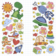 Kindergarten, toys vector pattern. Little children creativity and imagination. Online education, educational games.
