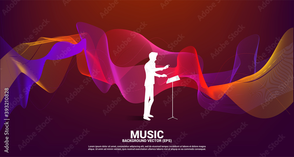 Poster Vector silhouette of conductor with sound waves in background . Concept background for orchestra concert and recreation.