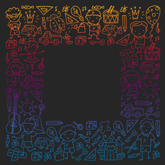 School, kindergarten with cute vector children. Dancing, singing, painting, online education. Creativity and imagination.