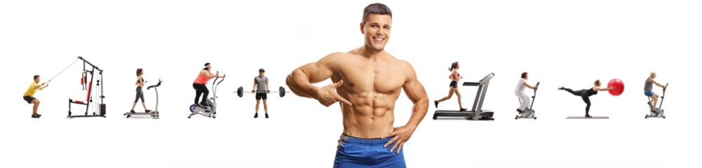 Fototapeta premium Bodybuilder posing with many other people exercising in the back