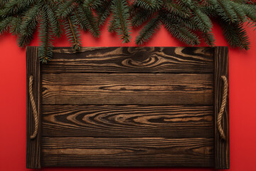 Wooden background decorated with New Year's decor with space for text