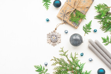 Blue and grey christmas decoration on white background, flat lay, top view