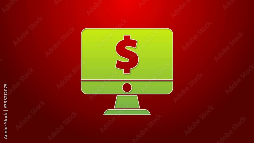 Poster green line computer monitor with dollar symbol icon isolated on red background. online shopping conc